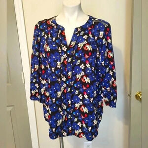 Talbots Petite Floral Blue Multicolored Flowy Blouse(1X)Plus Size